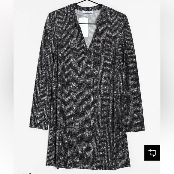 Mango 6 Gray Black White Herringbone Print Long Sleeve V-Neck Mini Dress - Picture 1 of 4